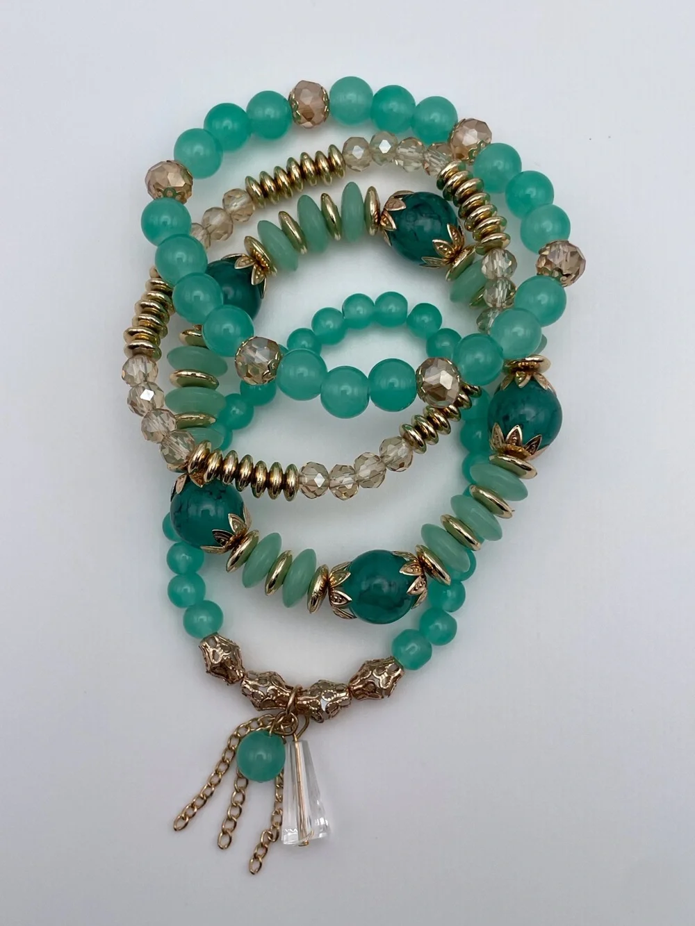 4 Piece Tassel Charm Beaded Stretch Bracelet Aqua